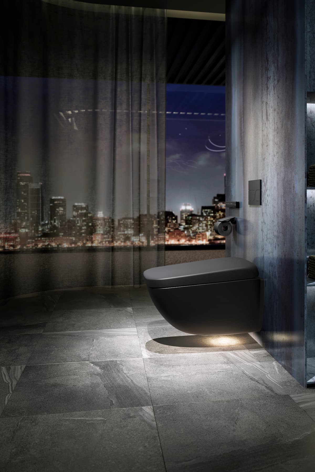 Black matte, sculptural toilet against a city view, taken at night