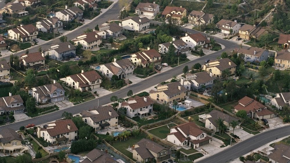Aerial view of a suburban neighborhood.