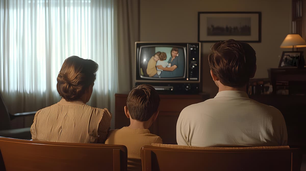 A family gathered around a TV in the 1960s in a family room.