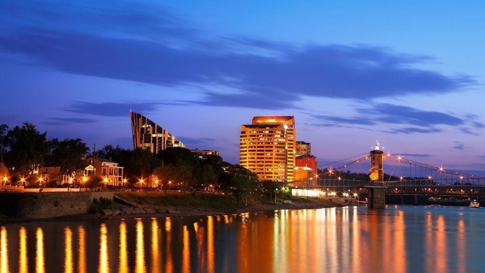 View from the water of Covington, Kentucky at nighttime.