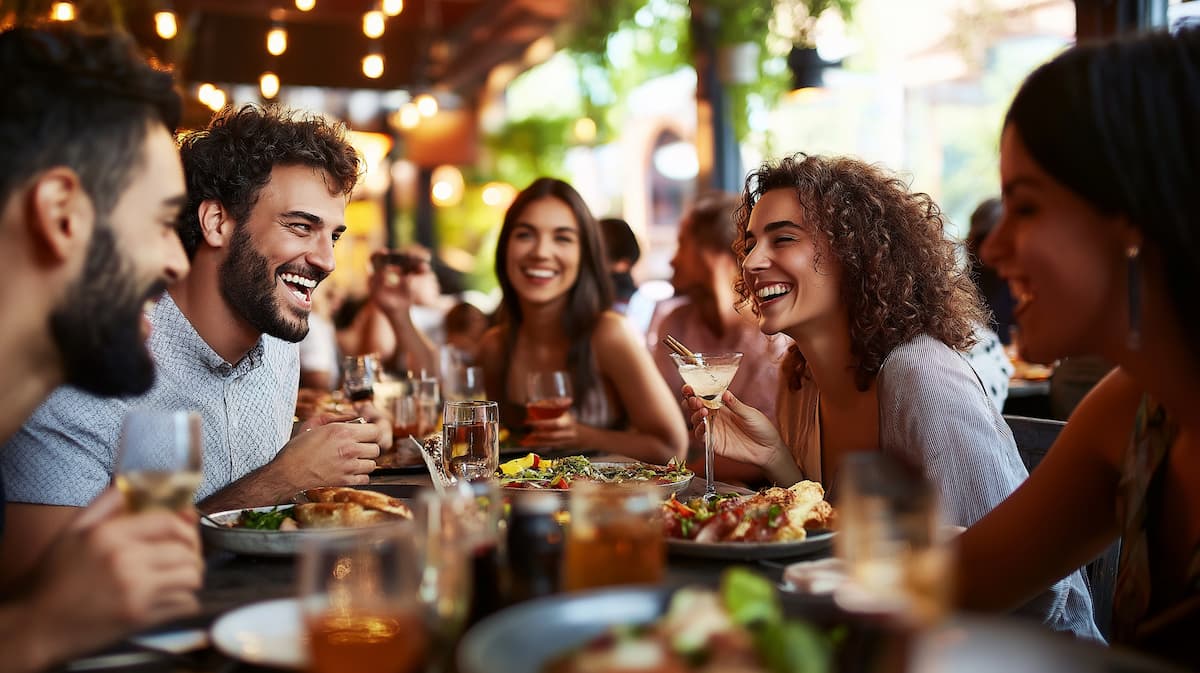 friends dining and drinking at a restaurant table