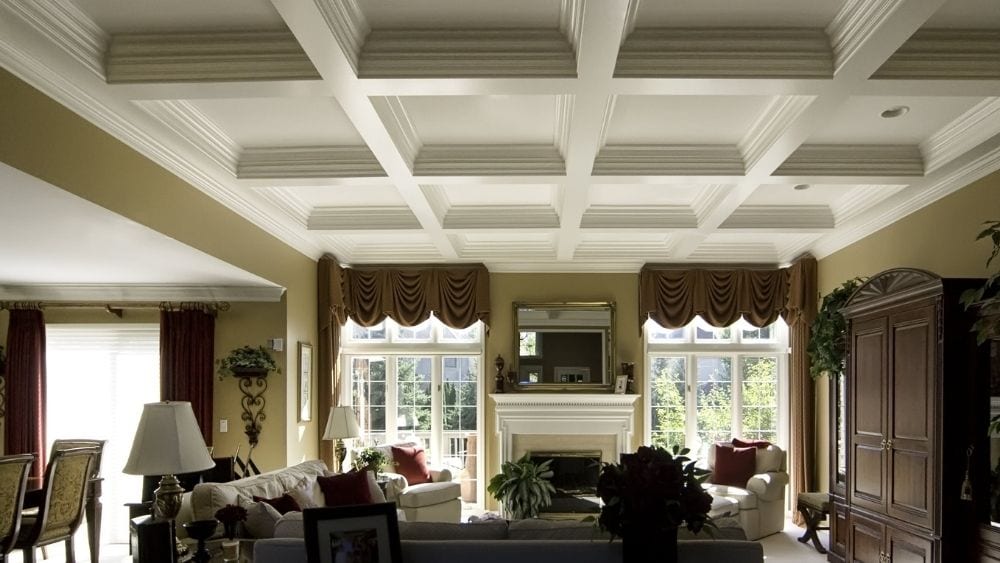 Luxury living room with a coffered ceiling.