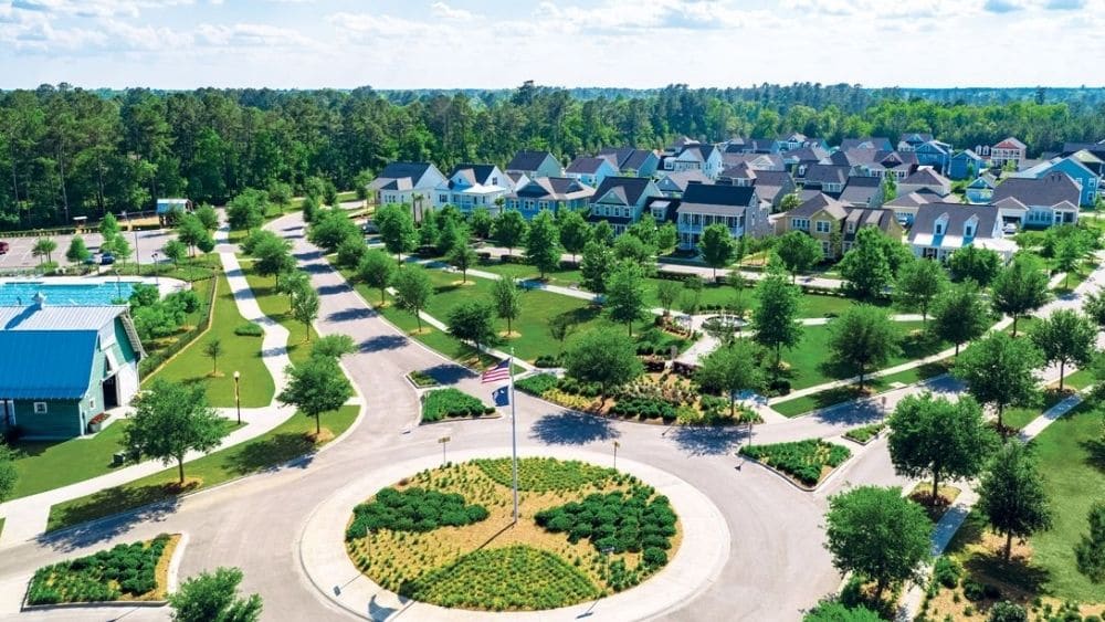 A sprawling suburban community with manicured greenspace.