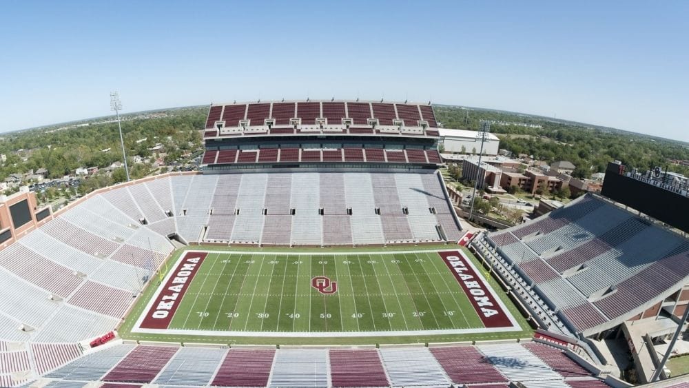 Panoramic of the University of Oklahoma’s empty football stadium.