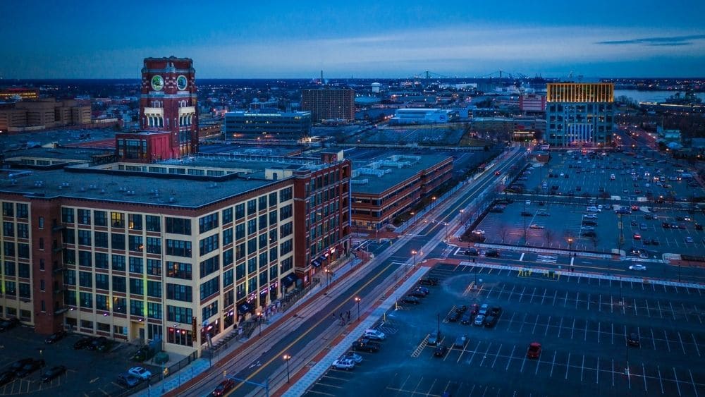 Historic downtown Camden, New Jersey at evening.