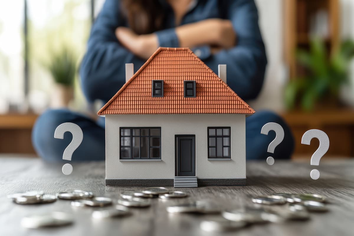 House with stacks of coins and question mark