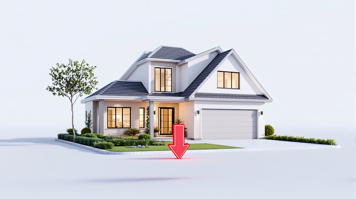 larger home with a red down arrow in front