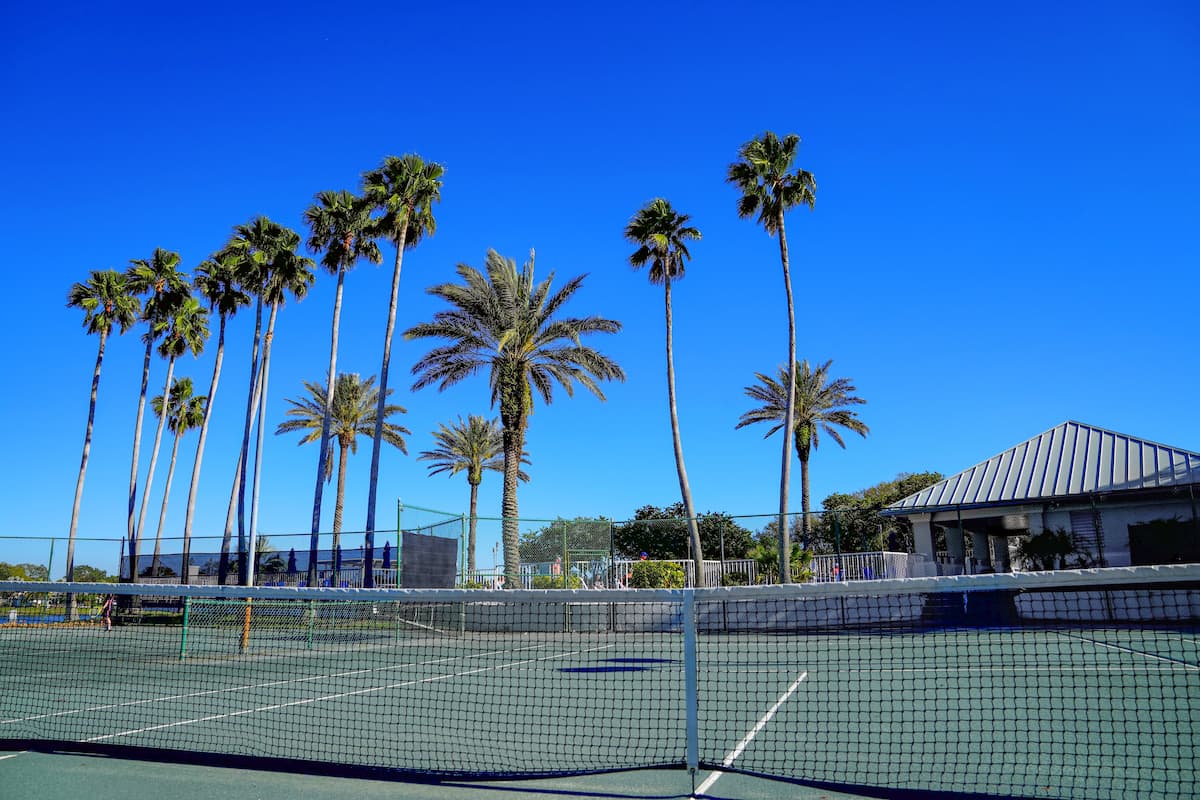 A tennis court on a Richmond American property with palm trees on the sides.