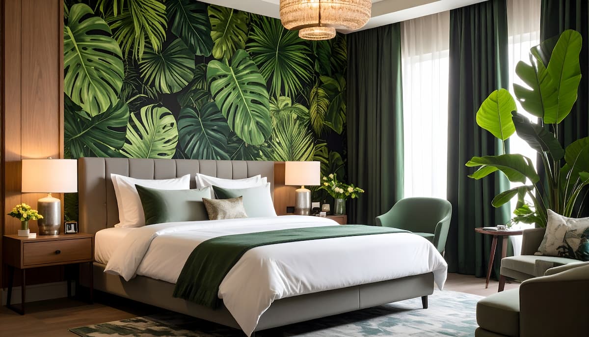 Resort style bedroom with botanical wallpaper, rattan fixtures and plants
