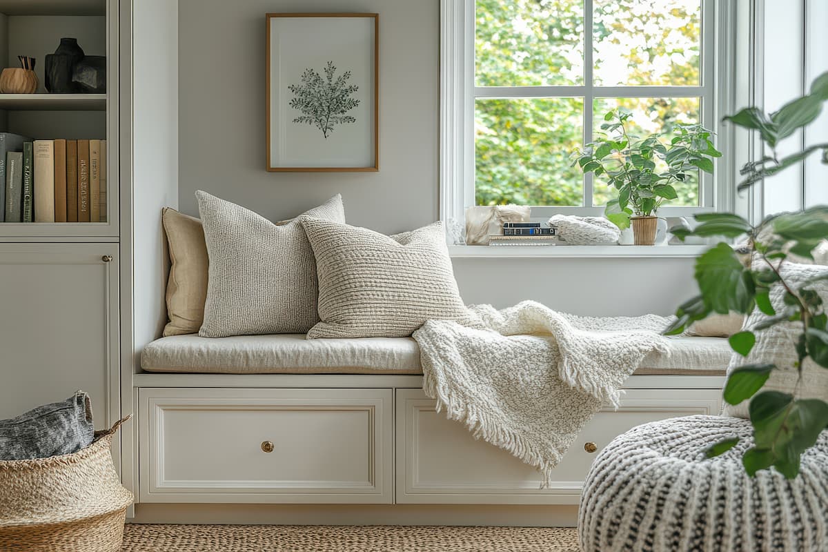 Built-in window seat with throw cushions, green plant, greenery outside the window and throw pillows and blanket