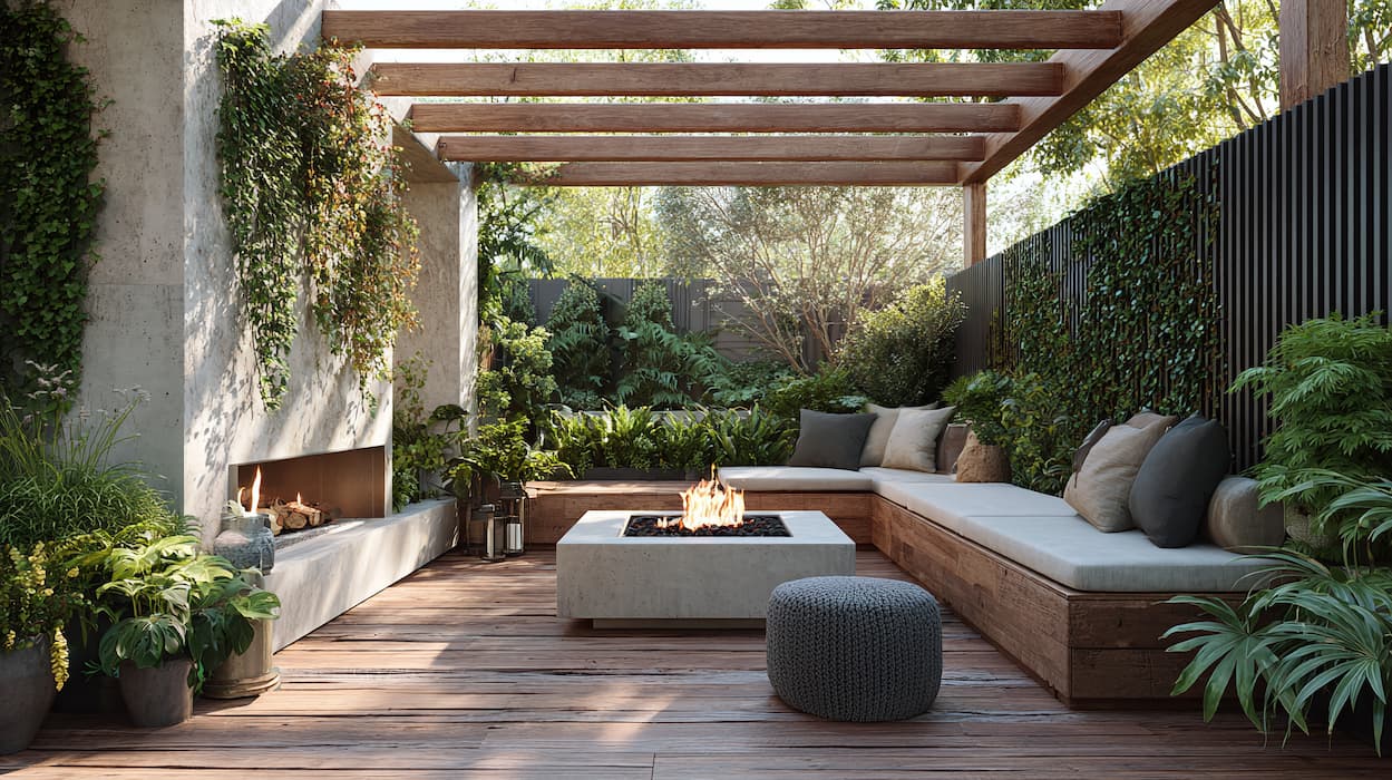 Outdoor firepit with pergola