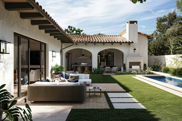 Back courtyard of a Mediterranean style home with archways and clay tile roof