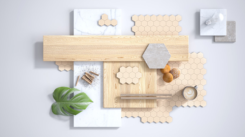 Mood board with samples including honeycomb tile, , grey porcelain tile and a plant