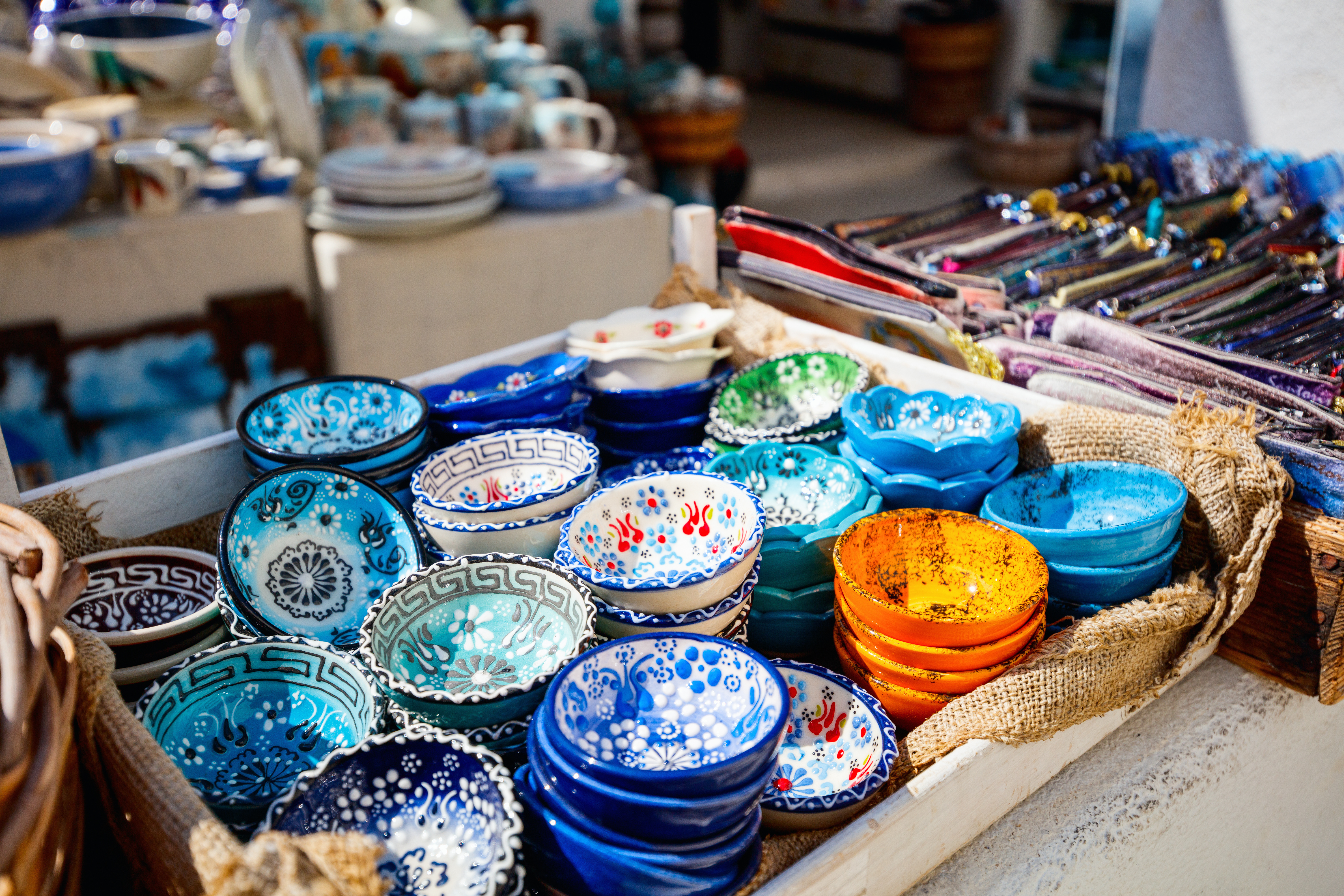 flea market finds including colorful dishes on display