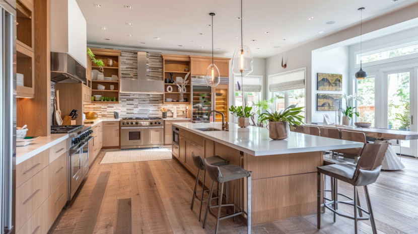 Natural wood kitchen island, center of a large kitchen, with oversize countertop extended for dining area