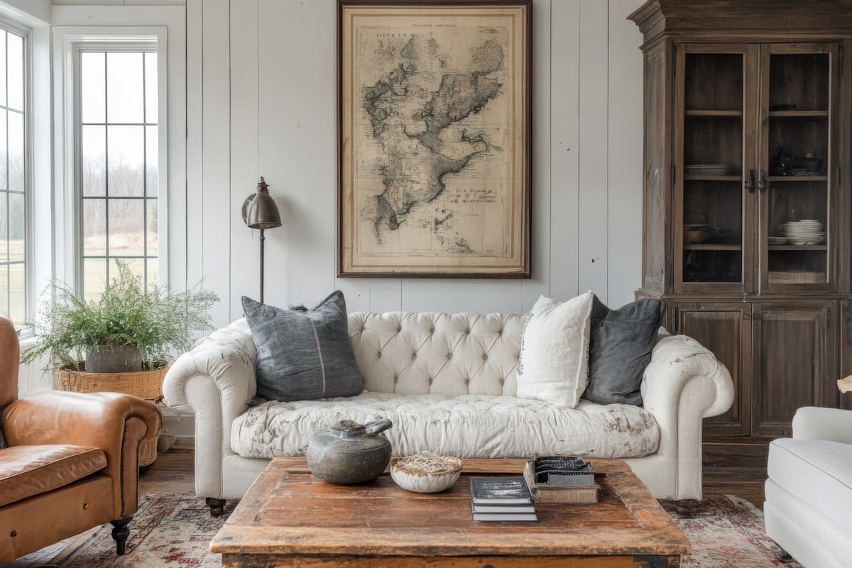 White living room with beadboard walls, vintage printed map, and mixed vintage furniture