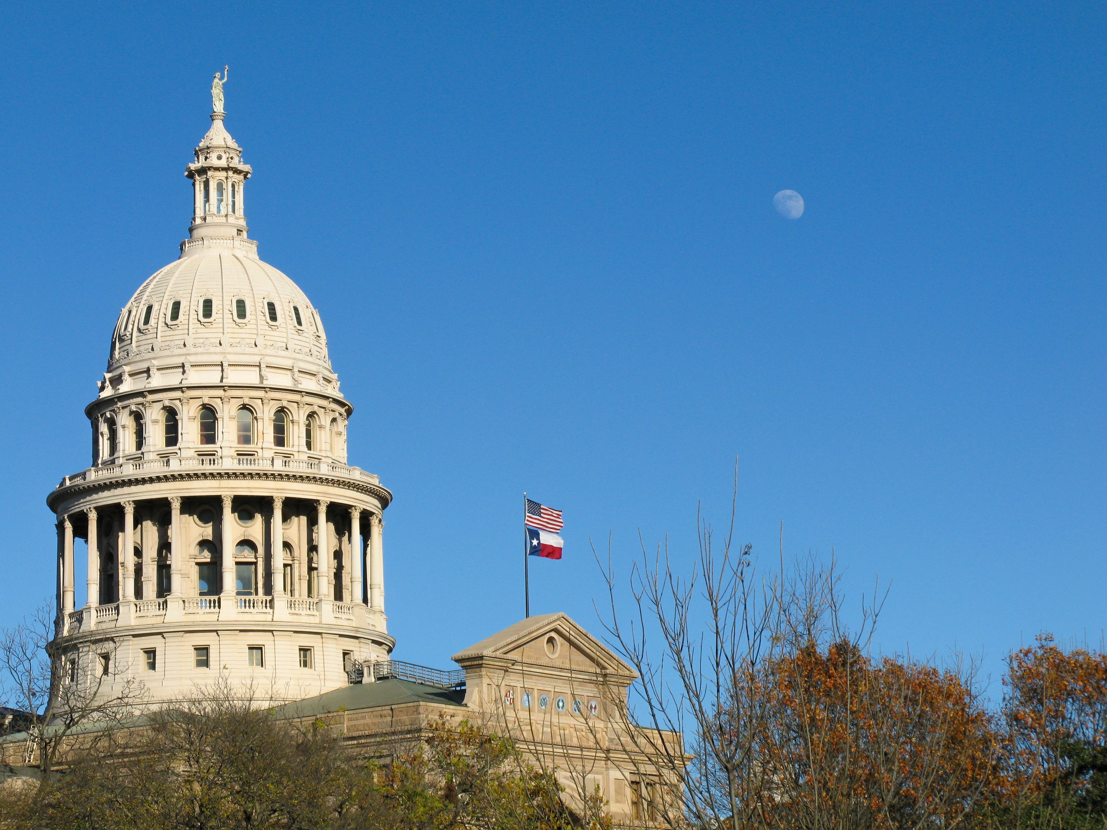 Flag flying on a sunny day at the Texas State Capitol