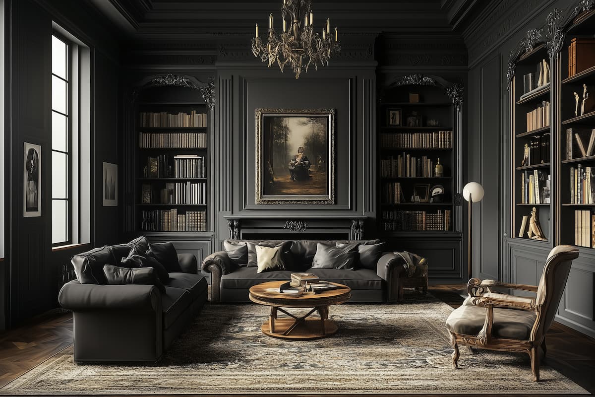 Home library in the traditional style, with dark woods, heavy decor and bookshelves
