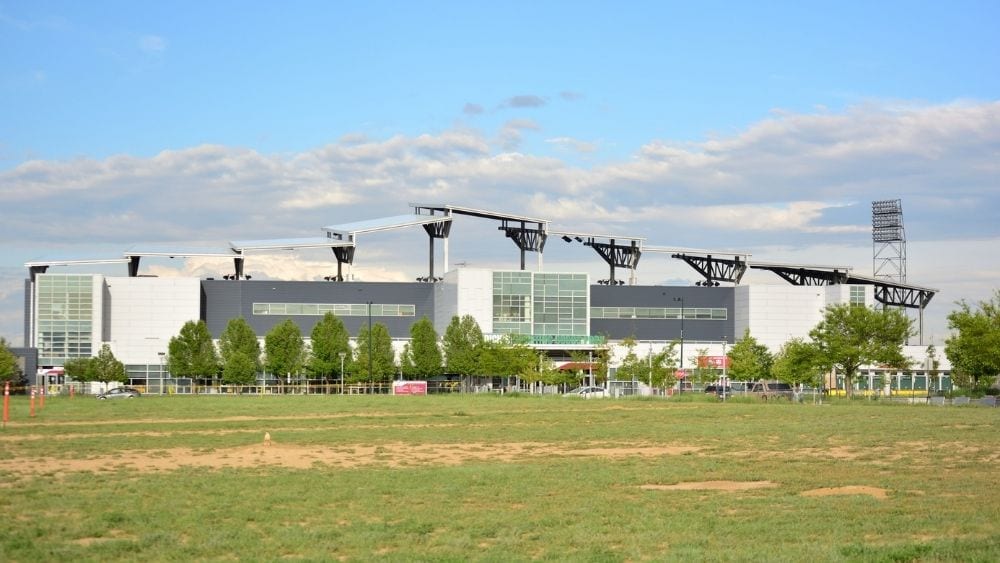 View from a distance of Dick’s Sporting Goods Park, a soccer stadium home to the Colorado Rapids men’s soccer team.
