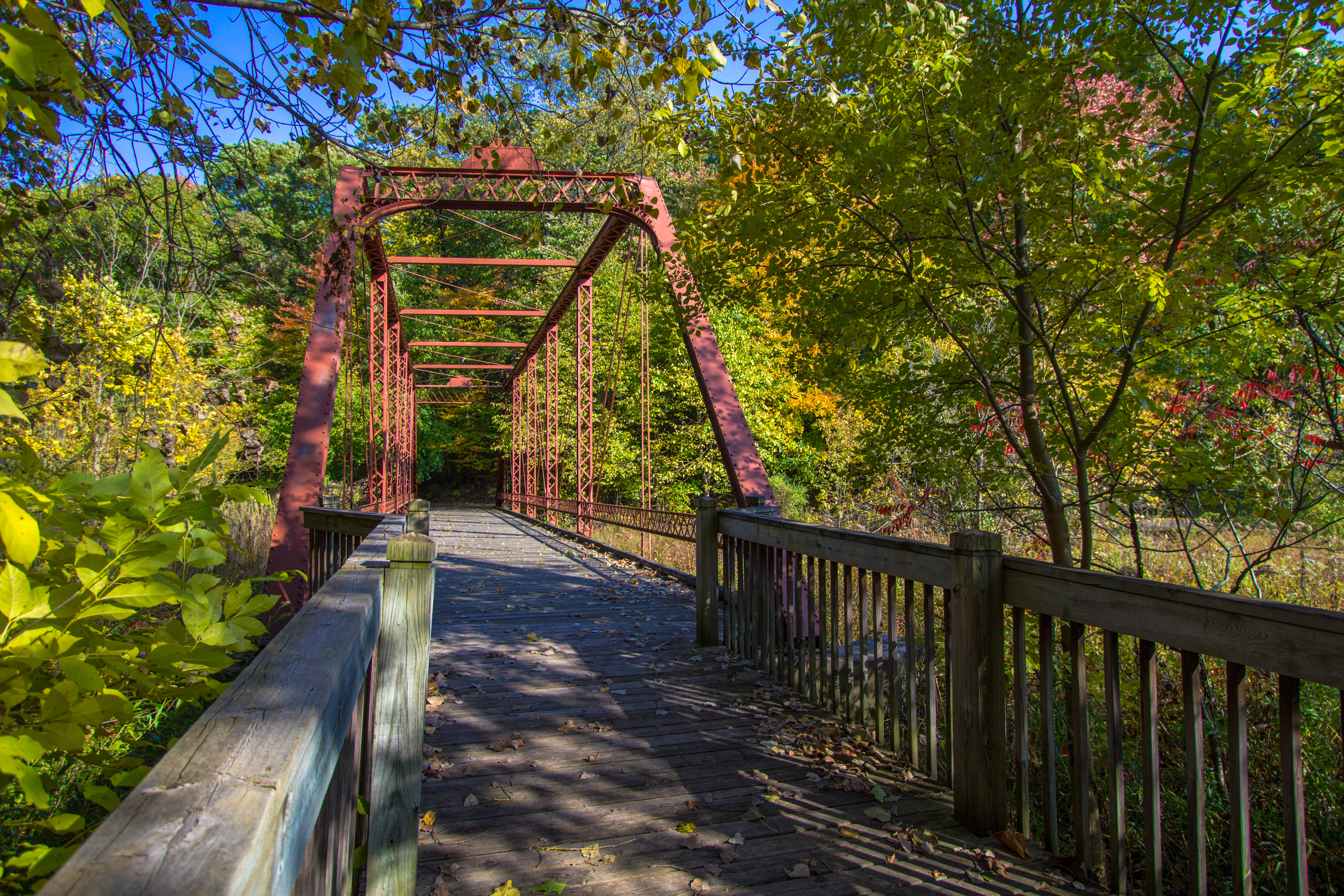 hiking trail leading to a bridge with fall foliage