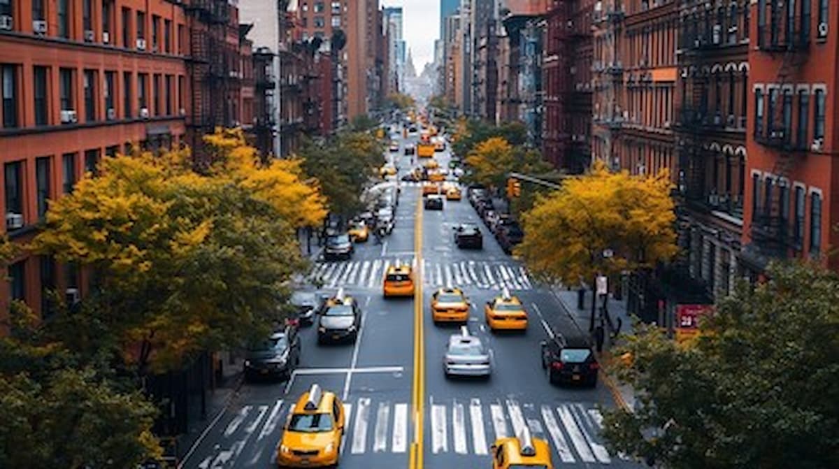 elevated view of city street with taxis and cars in Lower East Side