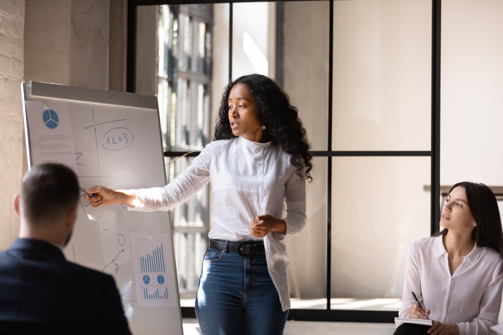 Three people are looking at the whiteboard
