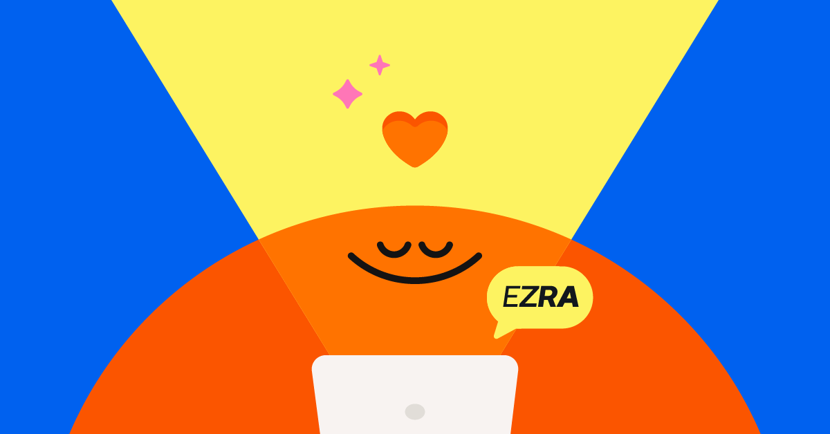 Illustration of a smiling orange circle looking at a laptop screen with the EZRA logo
