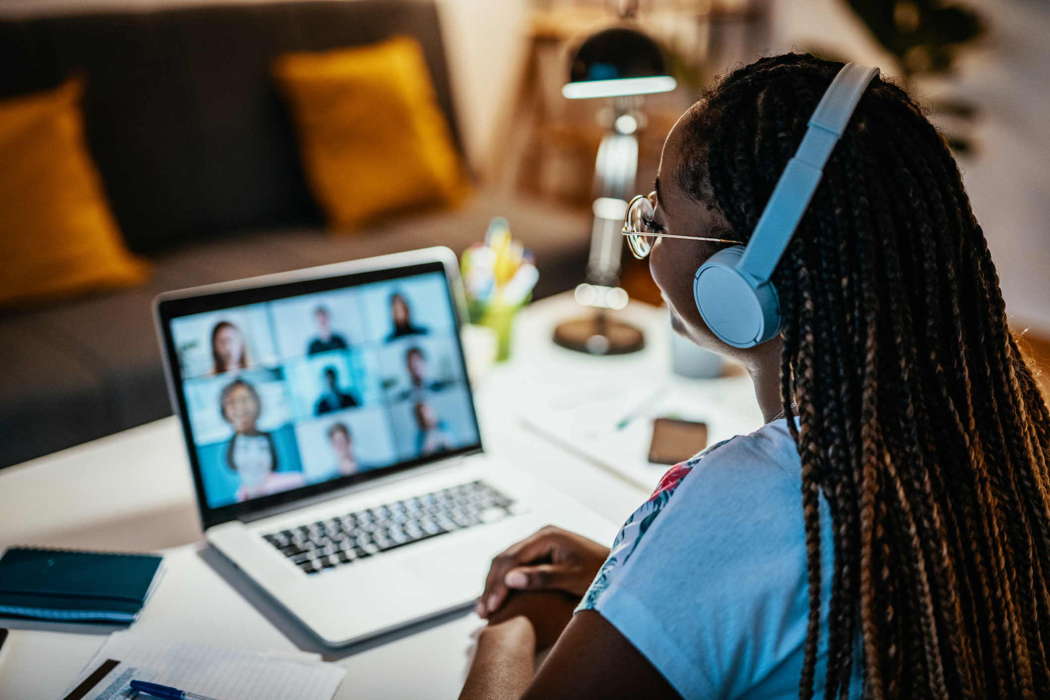 Woman in a virtual team meeting.