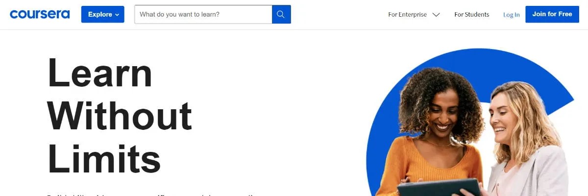 Screenshot of Coursera, an online learning platform