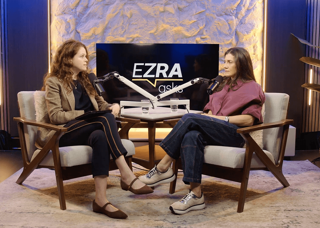 Melanie Steinbach, EZRA advisory board member and former McDonald's CPO, discusses AI and leadership during an EZRA Asks podcast interview in a modern studio.