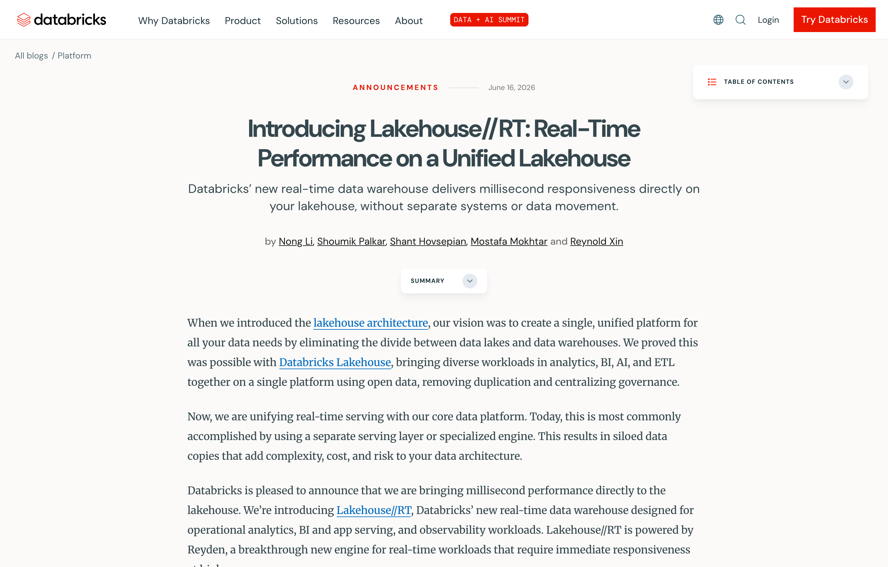 databricks-data-ai-summit-2026: Lakehouse RT blog screenshot