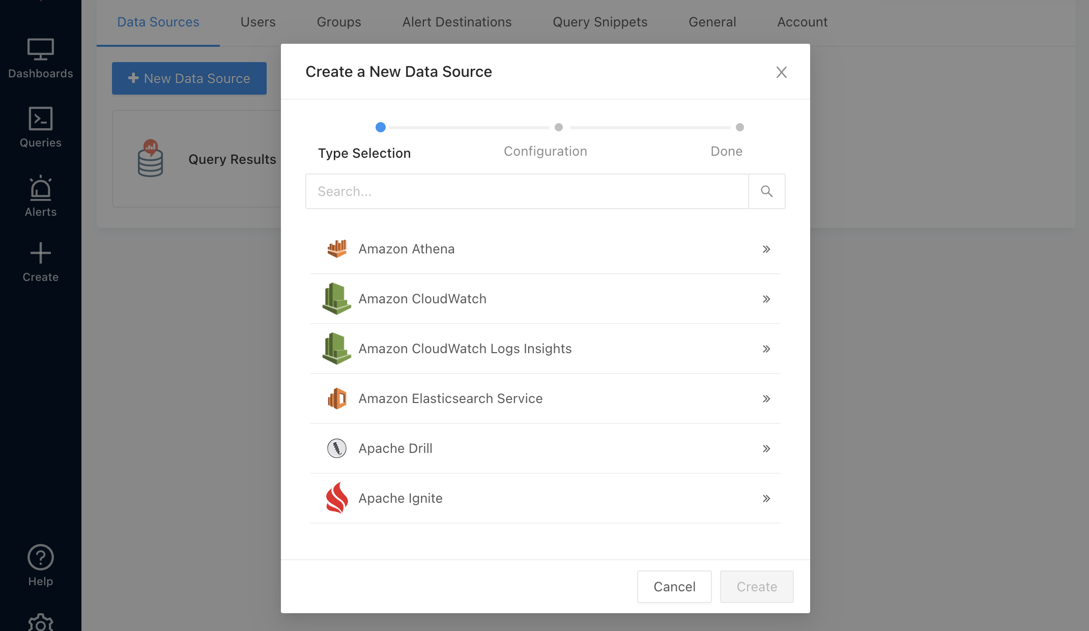 Redash Data Source picker (73種類のデータソース)