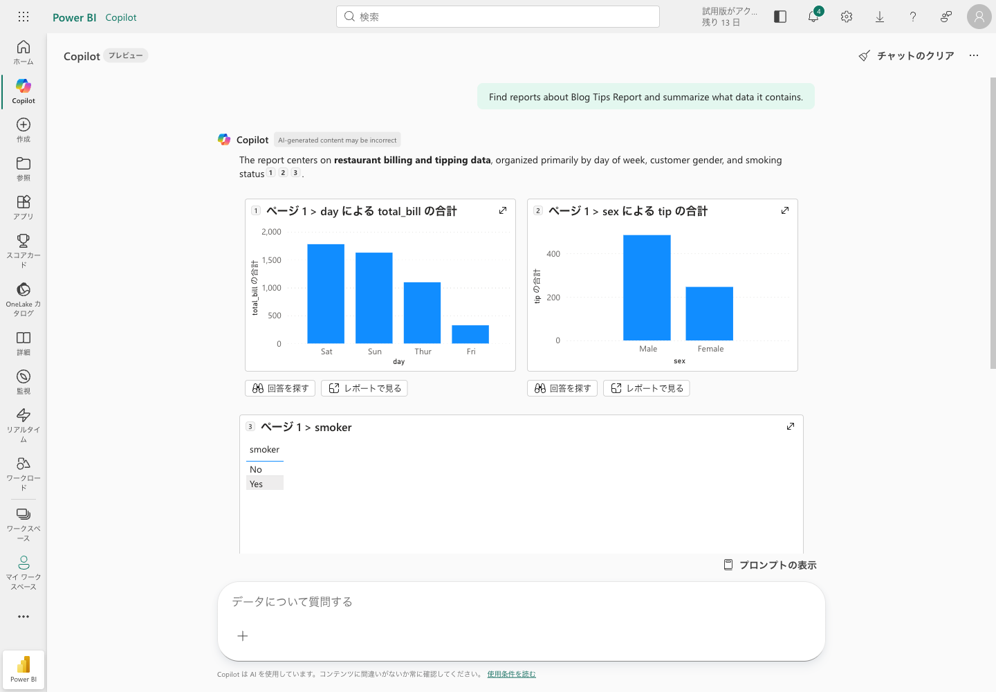 Power BI Copilot report summary result