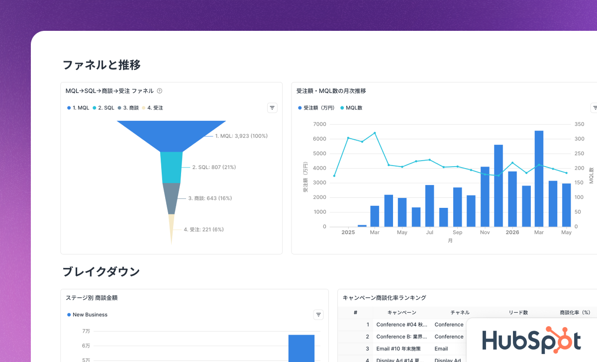 HubSpot Sales & Marketing Dashboard: A single dashboard spanning HubSpot deals, contacts, and campaigns to track pipeline health, marketing contribution, and SDR/AE activity at a glance.