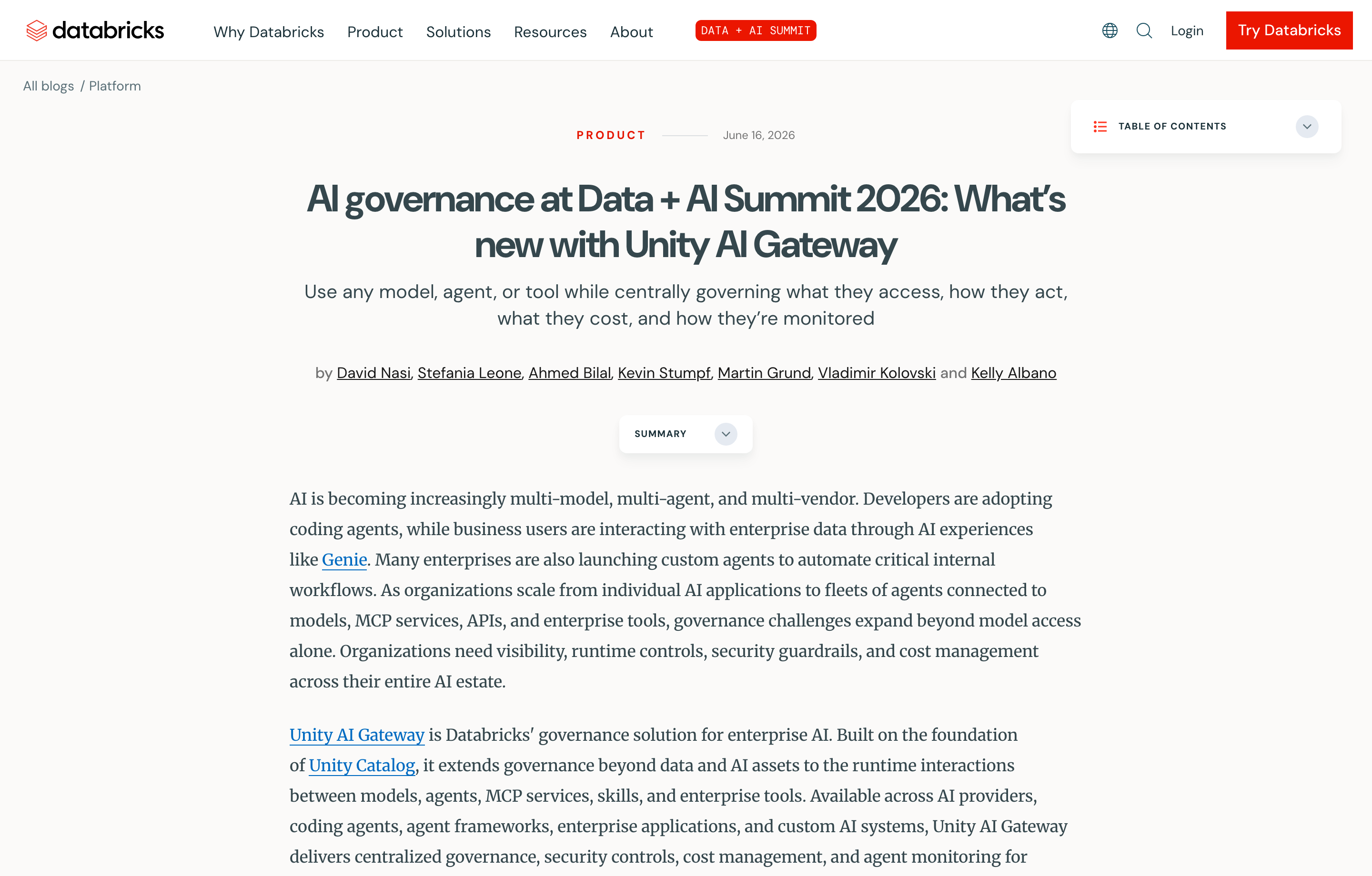 databricks-data-ai-summit-2026: Unity AI Gateway blog screenshot