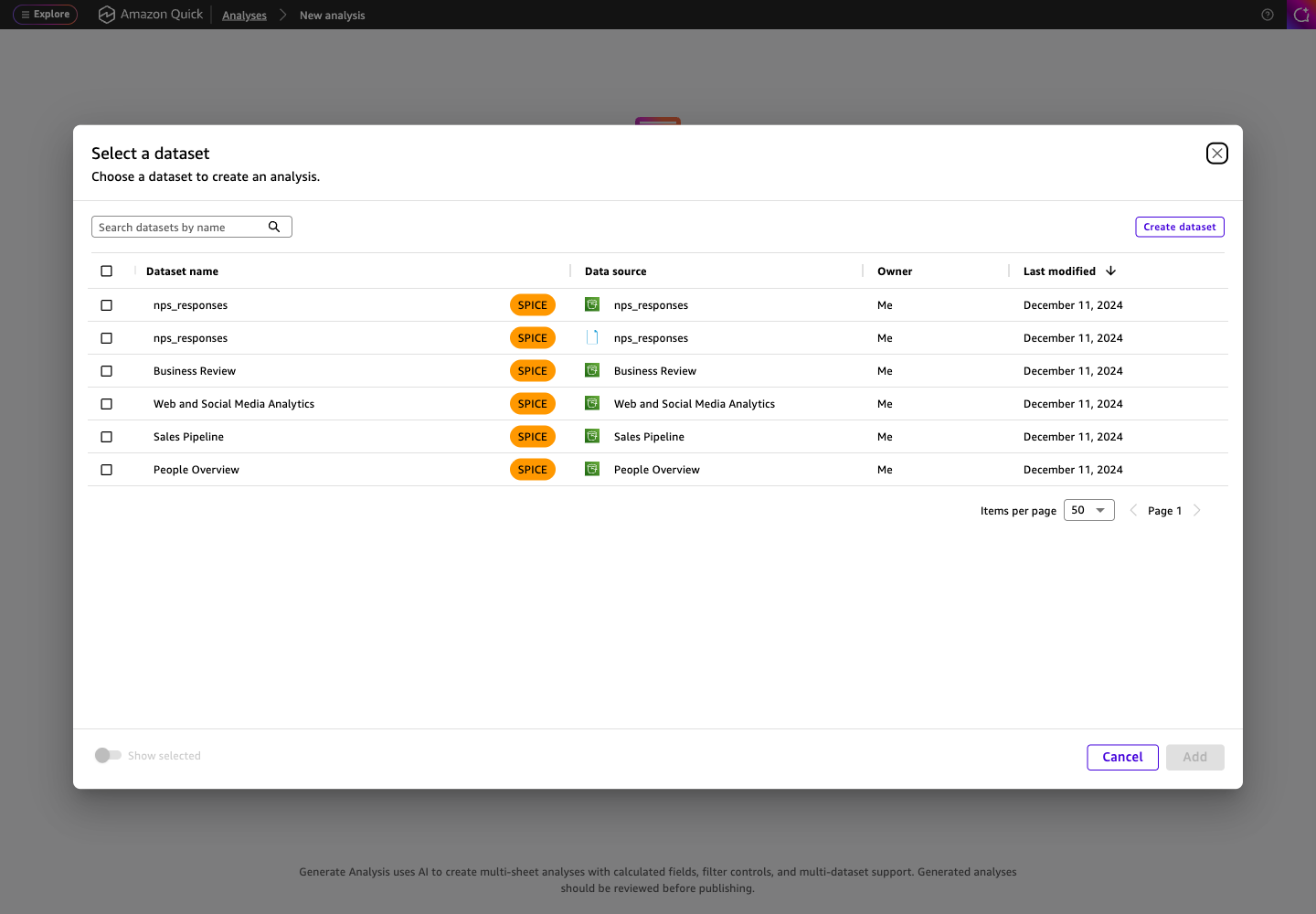 AWS QuickSight - Generate analysis dataset selector