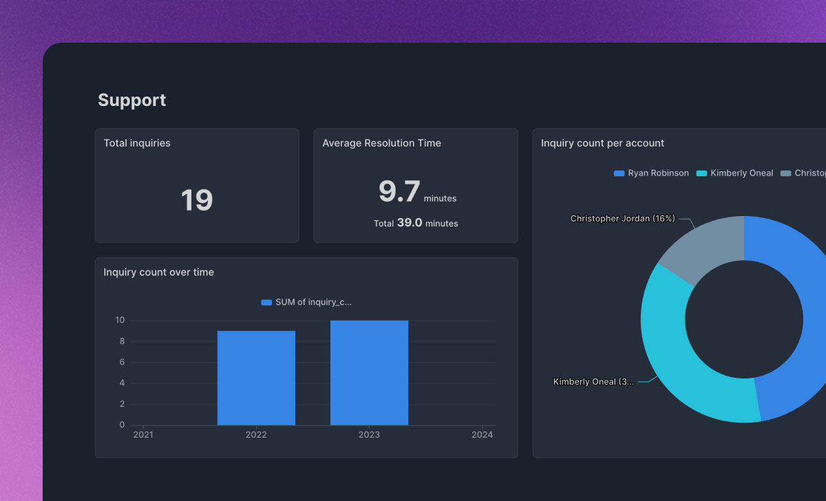 Detailed Customer Dashboard: This customer dashboard offers insights into account details, usage metrics, support inquiries, and contract information