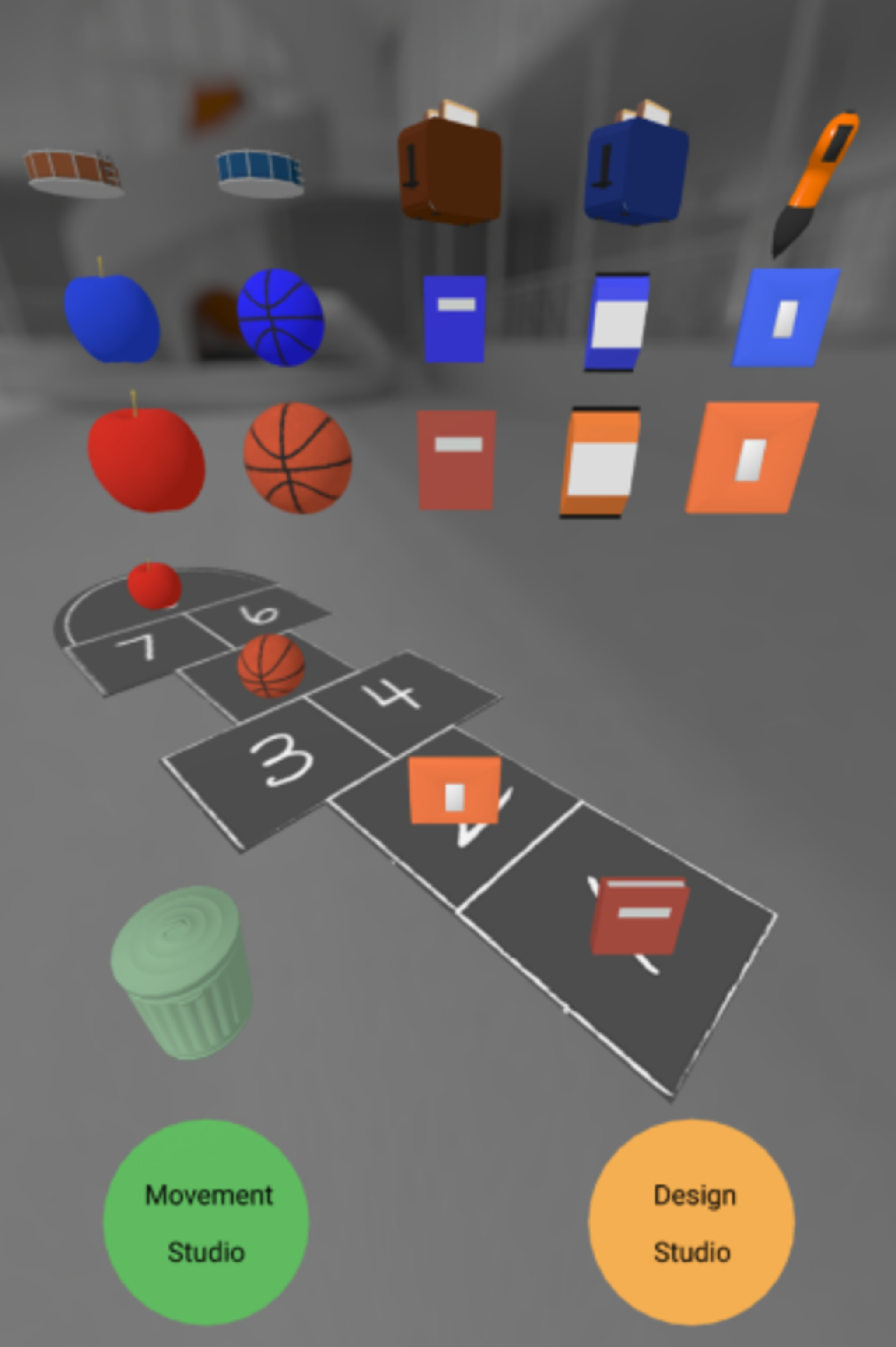 3D renderings of hopscotch, apples, basketballs, toasters, books, backpacks, a pen and a bin. Text: movement studio; design studio
