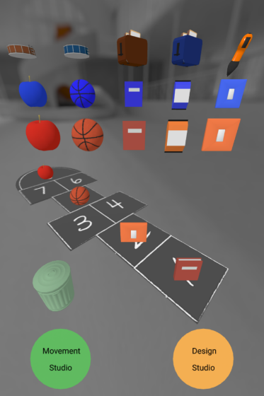 3D renderings of hopscotch, apples, basketballs, toasters, books, backpacks, a pen and a bin. Text: movement studio; design studio