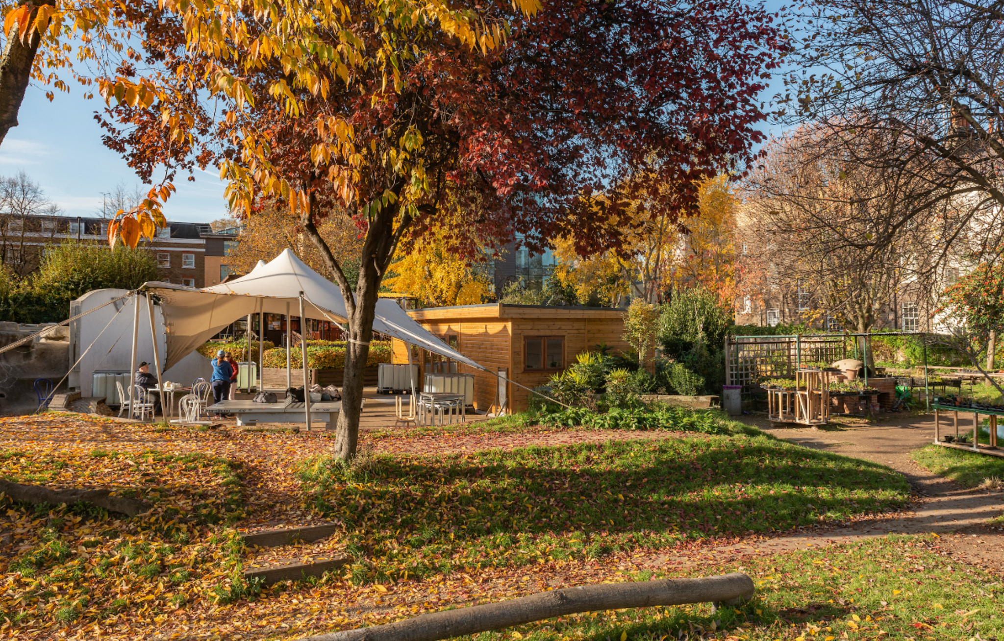 Open gazebo-like structure in small park, autumnal colours