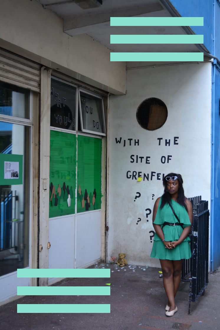 Young woman stands outside building, on the wall behind her it says "With the site of Grenfell?"