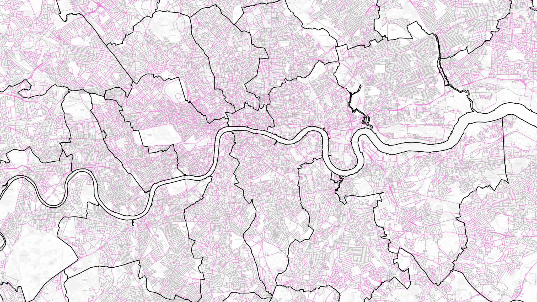 London map separated into boroughs with streets highlighted in pink. Concentration above river, to far east and far south.