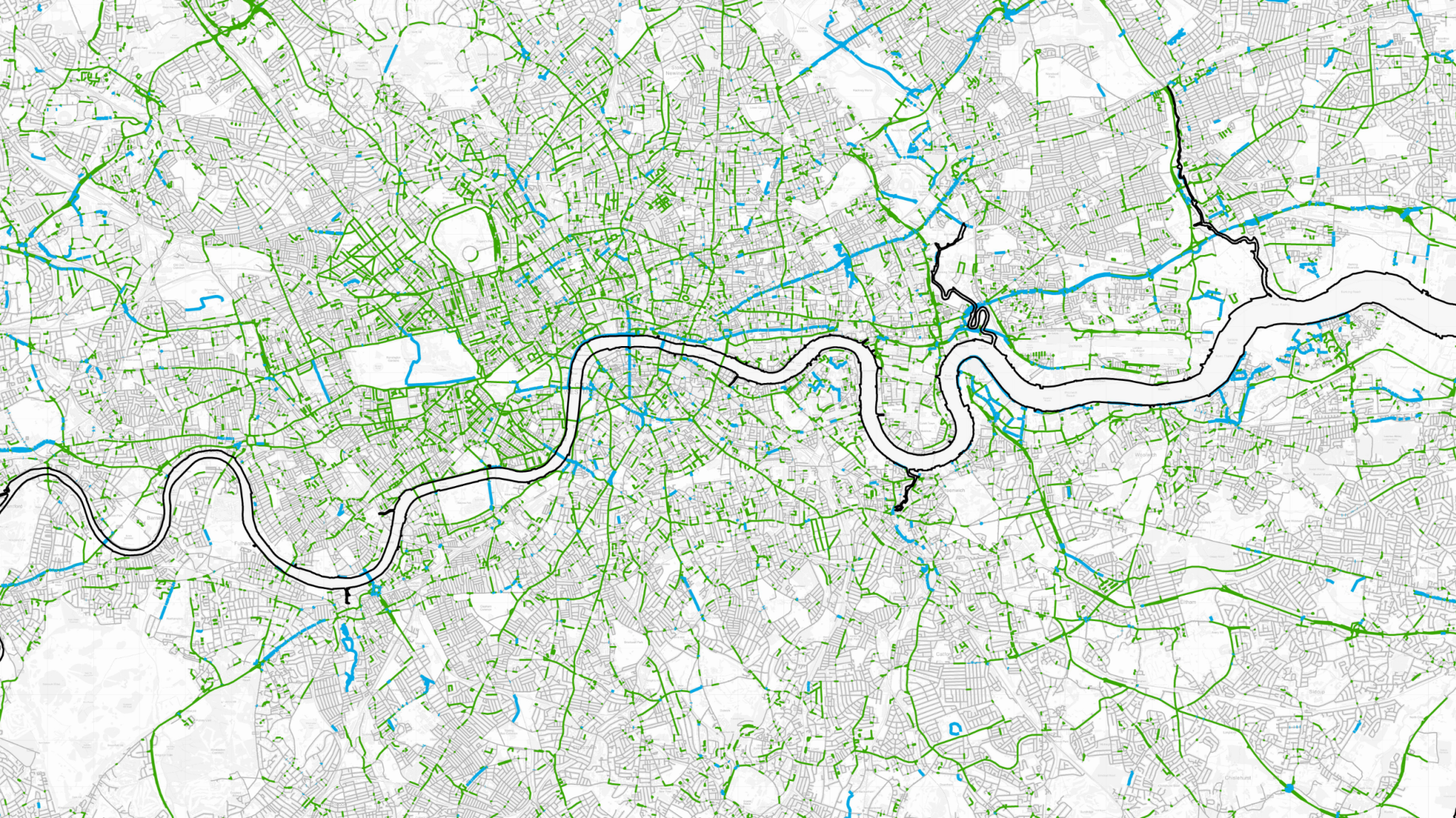 Map of London with streets highlighted in green. Concentration to northwest, close to river, thinning out east, south, and further to northwest
