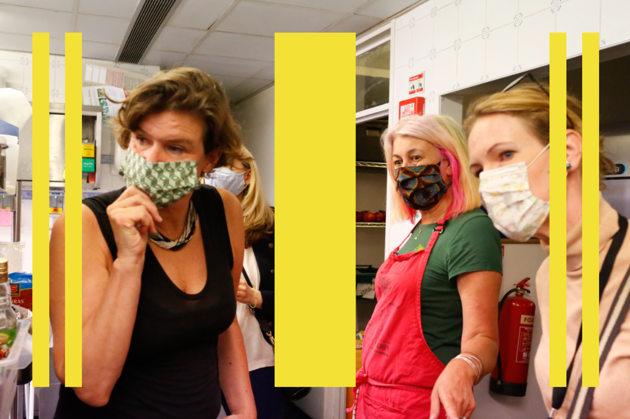  Mariana Mazzucato in a kitchen with two other women, all are wearing facemasks