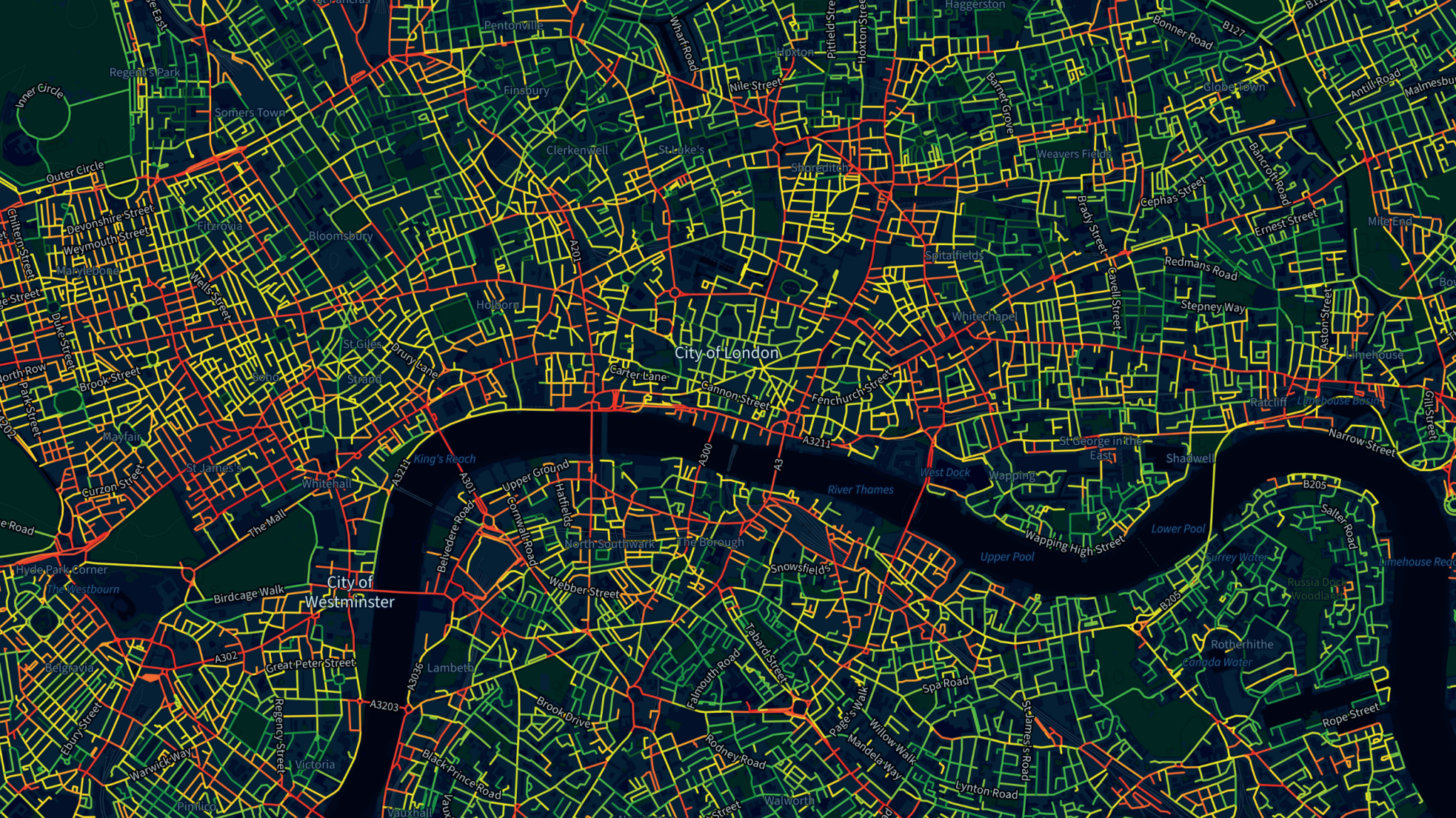 London map, veined with red streets around clusters of green and yellow streets