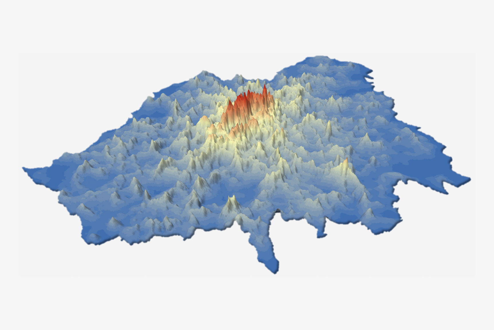 3D relief map of London, with red peaks towards centre, yellow areas around that, and blue areas towards the outskirts.