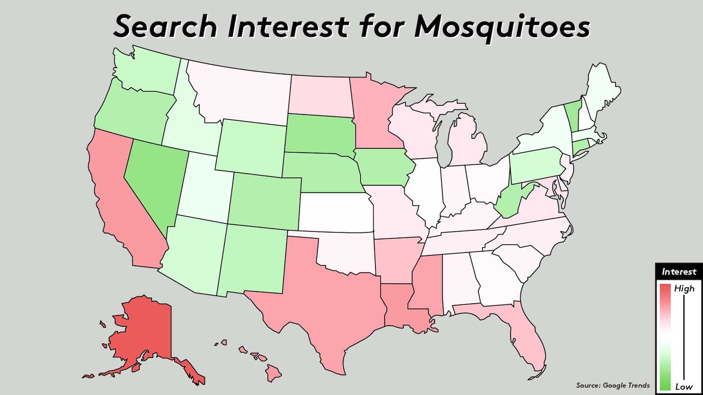 A Detailed Map Of The United States Showing Search Interest For Mosquitoes Across Different States. The Map Uses Shades Of Red To Indicate Levels Of Interest, With Some States Highlighted In Green And Others In Various Shades From White To Dark Red.