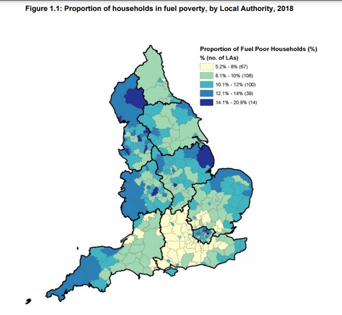 Map of England showing areas most affected by fuel poverty