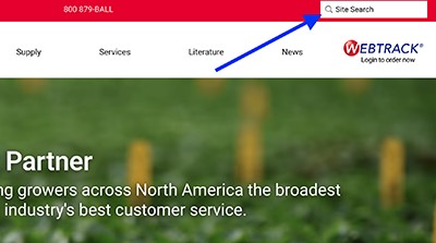 A blue arrow points to the upper-right corner of a website to highlight the Site Search tool.