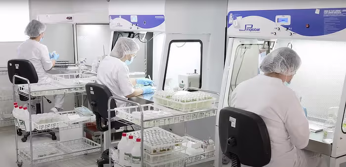 Three workers in hairnets are in front of clean-stock tissue culture stations